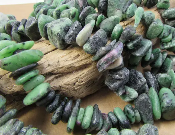 Ruby In Zoisite Green Nuggets, 8" Inch Strand, Beading Supplies, Jewelry Supplies, Item 1170gs