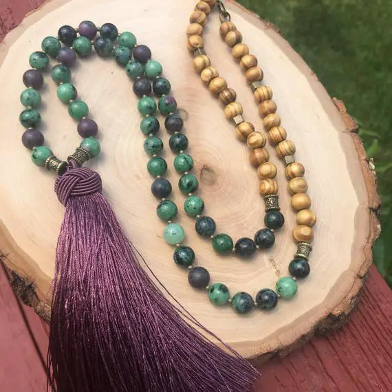 Ruby Zoisite & Wood Beaded Tassel Necklace, Purple Tassel Necklace, Ruby Zoisite Jewelry, Ruby Zoisite Necklace, Gemstone Statement Necklace