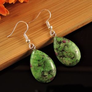 Shop Ruby Zoisite Jewelry! Ruby Zoisite Gemstone Tear Drop Bohemian Pair of Dangle Fashion Earrings with Silver Plated Hooks # 285 | Natural genuine Ruby Zoisite jewelry. Buy crystal jewelry, handmade handcrafted artisan jewelry for women.  Unique handmade gift ideas. #jewelry #beadedjewelry #beadedjewelry #gift #shopping #handmadejewelry #fashion #style #product #jewelry #affiliate #ad