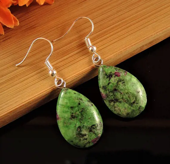 Ruby Zoisite Gemstone Tear Drop Bohemian Pair Of Dangle Fashion Earrings With Silver Plated Hooks # 285
