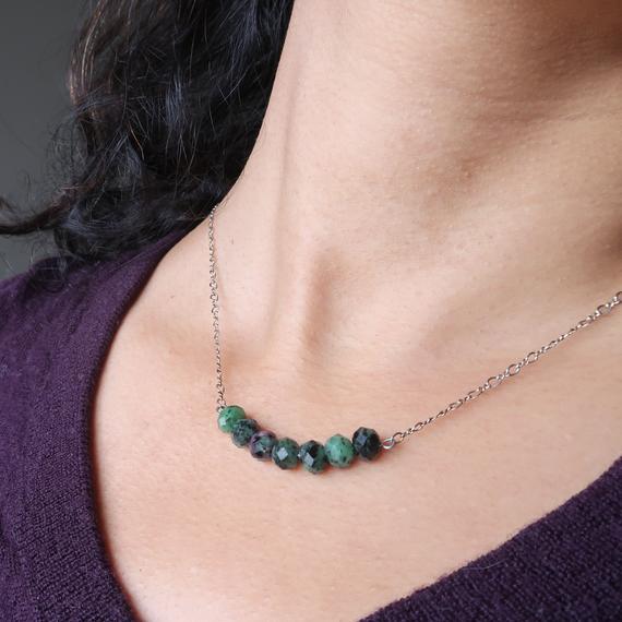Ruby Zoisite Necklace Faceted Pink Green Gemstone Sterling Silver Healing