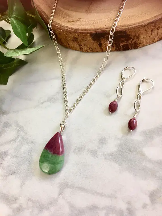 Ruby Zoisite Necklace Set - Ruby Jewelry - Ruby Pendant Necklace - Ruby Earrings - Holiday Jewelry - Ruby Drip