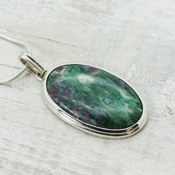 Ruby Zoisite Pendant Natural Long Oval Green Ruby Stone Set On 925 Sterling Silver Bezel Solid Silver