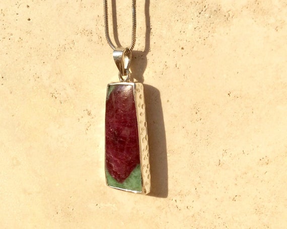 Womens Gemstone Pendant Or Necklace, Ruby Zoisite Hammered Silver Pendant, Womens Gemstone Jewellery, Gift For Her