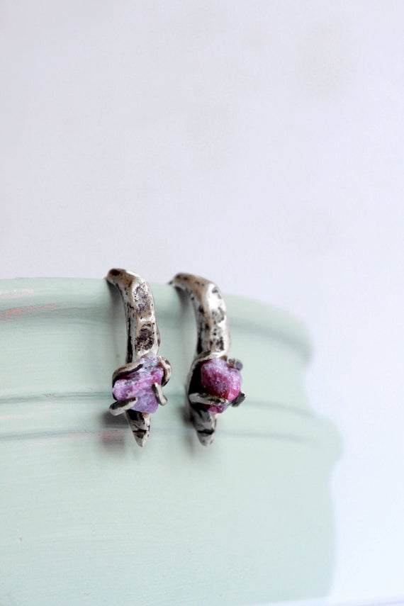 Raw Crystals Earrings, Ruby Zoisite Earrings, July Birthstone, Gift For Her