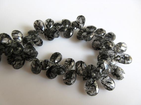 Black Rutilated Quartz Pear Beads, Briolette Beads, Faceted Beads, 15mm To 9mm Each, 4 Inch Half Strand, Sku-rq3