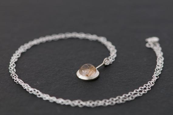 Rutilated Quartz Cabochon Necklace In Silver, Gift For Her Lollipop Pendant