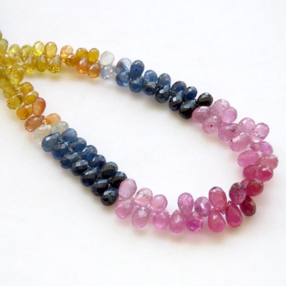 Natural Rare 5mm To 6mm Yellow Pink Blue Multi Sapphire Teardrop Faceted Briolette Beads, Sold As 15 Inch/7.5 Inch, Gds1460