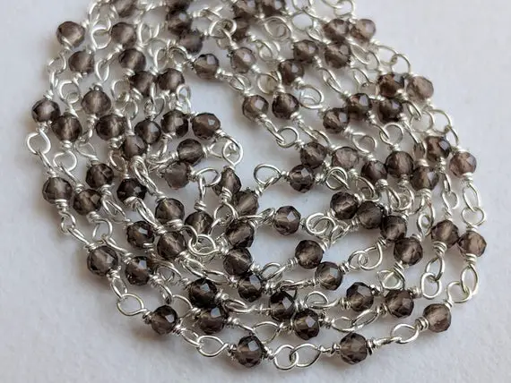 2mm Smoky Quartz Wire Wrapped Faceted Rondelle Beads, Rosary Style Chain, 925 Silver Smoky Quartz Rosary Chain ( 1foot To 5feet Options)