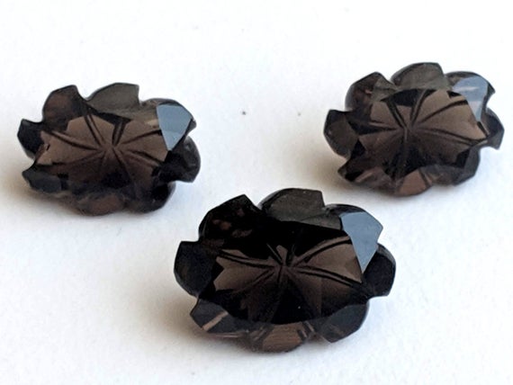 3 Pc Set Smoky Quartz Fancy Oval Flower Hand Carved Cut Stones, Filigree Finding, Smoky Quartz Jewelry, Stone Carving, Brown Stones - Ang173