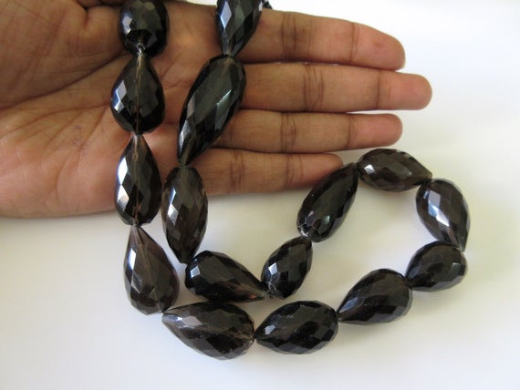 3 Strands Wholesale Natural Smoky Quartz Faceted Straight Drilled Tear Drop Briolette Beads, 20mm To 25mm Beads 17 Inch Strand, Gds172