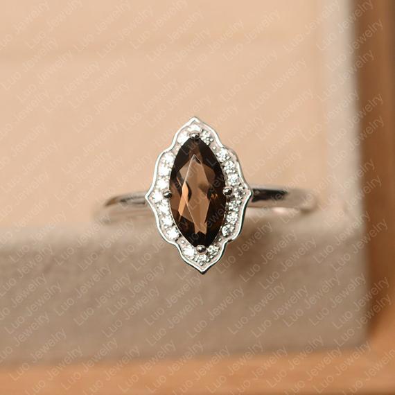 Smoky Quartz Ring, Marquise Cut, Brown Gemstone Ring, Silver 925 Engagement Ring