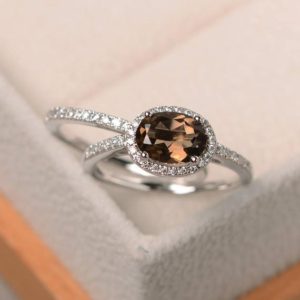 smoky quartz ring, oval cut, halo engagement ring for women, brown gemstone, stacking ring set, sterling silver | Natural genuine Gemstone rings, simple unique alternative gemstone engagement rings. #rings #jewelry #bridal #wedding #jewelryaccessories #engagementrings #weddingideas #affiliate #ad