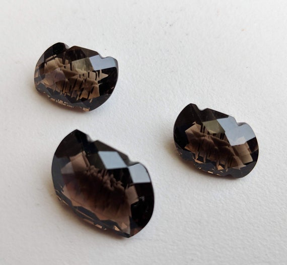 3 Pc Set Smoky Quartz Fancy Emerald Cut Hand Carved Cut Stones, Filigree Finding, Smoky Quartz Jewelry, Stone Carving, Brown Stones - Ang175
