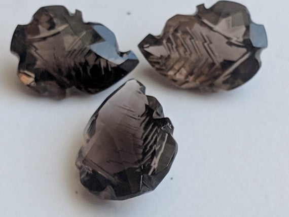 3 Pc Set Smoky Quartz Fancy Leaf Hand Carved Cut Stones, Filigree Finding, Smoky Quartz Jewelry, Stone Carving, Brown Stones - Ang171