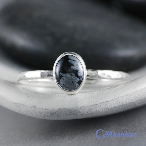 Oval Snowflake Obsidian Promise Ring, Sterling Silver Obsidian Ring For Women, Oval Black Gemstone Stacking Ring | Moonkist Designs