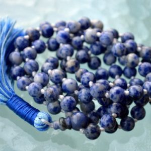 Shop Sodalite Necklaces! Sodalite Hand Knotted Mala Beads Necklace to Overcome Fears, Helps get rid of Guilty feelings and Irrational Fears, Sodalite Healing Beads | Natural genuine Sodalite necklaces. Buy crystal jewelry, handmade handcrafted artisan jewelry for women.  Unique handmade gift ideas. #jewelry #beadednecklaces #beadedjewelry #gift #shopping #handmadejewelry #fashion #style #product #necklaces #affiliate #ad