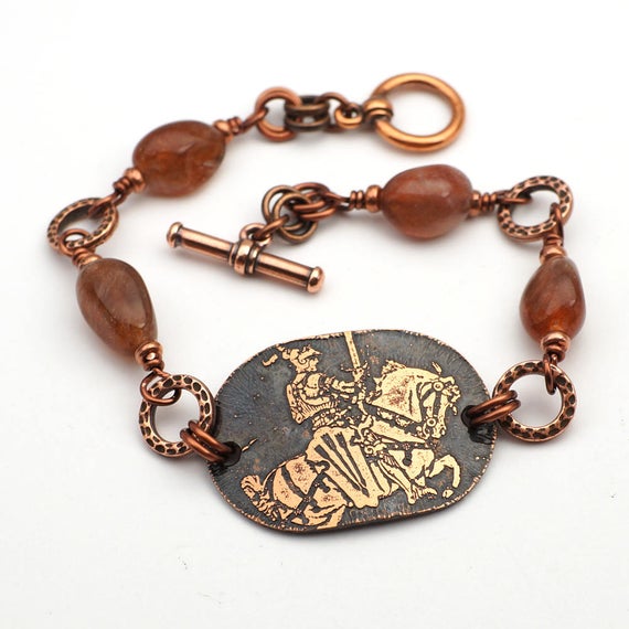 Knight Bracelet, Peach And Gold Color Sunstone Beads, Horseback, Etched Metal, 7 3/4 Inches Long
