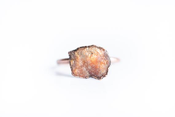 Sunstone Ring | Raw Sunstone Stacking Ring | Sunstone And Copper Ring | Sunstone Jewelry | Organic Stone Jewelry | Mineral Ring