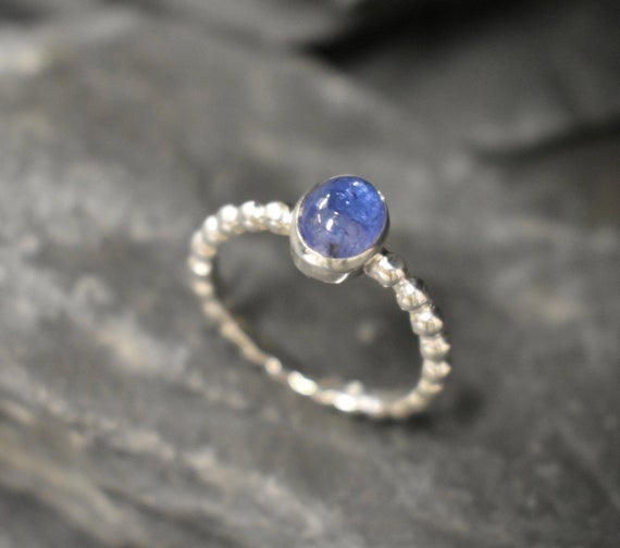 Minimalist Blue Ring, Natural Tanzanite Ring, Solitaire Band, Bezel Ring, Stackable Silver Ring, Oval Silver Ring, For Her, Bands By Adina
