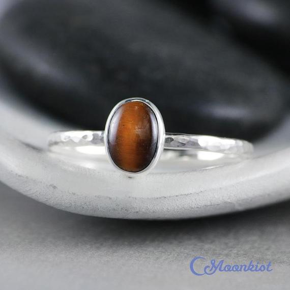Dainty Oval Tiger Eye Promise Ring, Sterling Silver Tiger Eye Ring, Tiger Eye Stacking Ring | Moonkist Designs