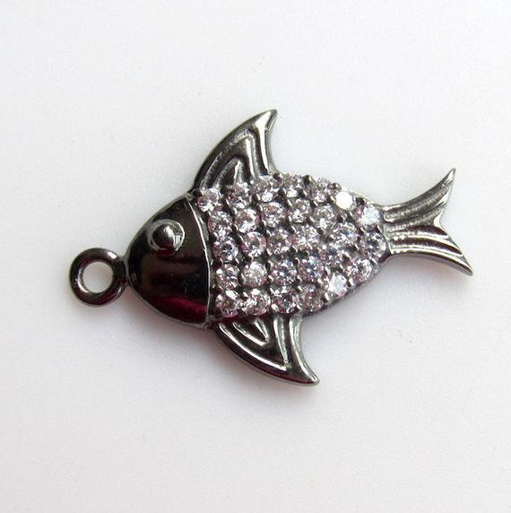 Cubic Zirconia Pave Diamond Sterling Silver Fish Charm Pendant  20x16mm (pd15)