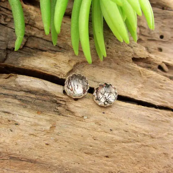 Tourmalinated Quartz Cabochon Studs | 14k Gold Stud Earrings Or Sterling Silver Studs | 4mm, 6mm Low Profile Serrated Or Crown Earrings