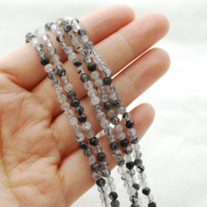 Shop Tourmalinated Quartz Beads! High Quality Grade A Natural Tourmalinated Quartz Semi-Precious Gemstone FACETED Round Beads – 4mm – 15.5" strand | Natural genuine faceted Tourmalinated Quartz beads for beading and jewelry making.  #jewelry #beads #beadedjewelry #diyjewelry #jewelrymaking #beadstore #beading #affiliate #ad