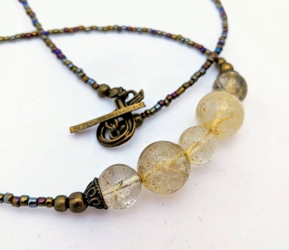 Ultra Long, Rutilated / Tourmalinated Quartz Minimalist Necklace. Genuine Yellow Gold Filaments Trapped In Quartz Crystal.
