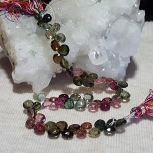 Shop Tourmaline Bead Shapes! Natural Multi Color Tourmaline Faceted Heart Shape Briolette Beads, 9 In Strand, 91.5 cts., Tourmaline, Pink, Green, Blue, Yellow | Natural genuine other-shape Tourmaline beads for beading and jewelry making.  #jewelry #beads #beadedjewelry #diyjewelry #jewelrymaking #beadstore #beading #affiliate #ad