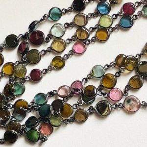 5-6mm Multi Tourmaline Rosary, Natural Tourmaline Plain Round Connector Chain in Oxidized Silver Wire Wrapped (1 Foot To 10 Feet Options) | Natural genuine beads Array beads for beading and jewelry making.  #jewelry #beads #beadedjewelry #diyjewelry #jewelrymaking #beadstore #beading #affiliate #ad