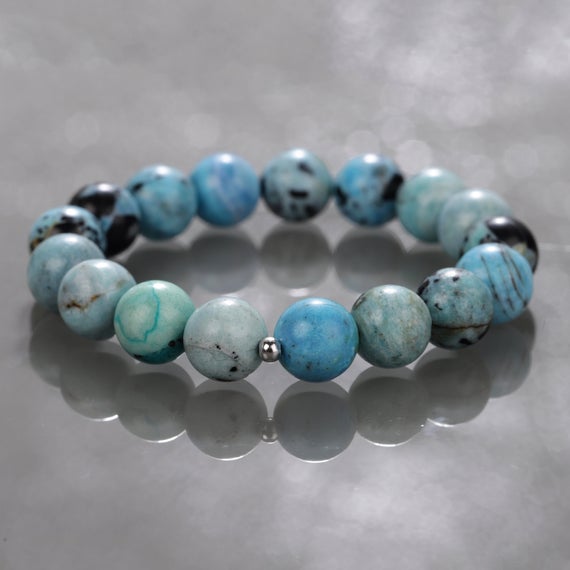 Beaded Smooth Turquoise Round Beads Stretch Bracelet/ 925 Sterling Silver Turquoise Armband/ Calming Serenity Gemstone Jewelry Bracelet Gift