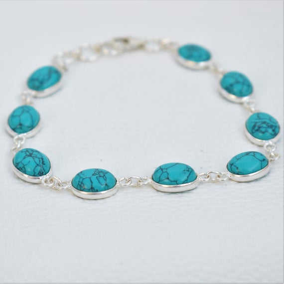 Natural Turquoise Bracelet, Handmade Bracelet For Women, 925 Sterling Silver Bracelet, Oval Turquoise Bracelet, Wedding Bracelet