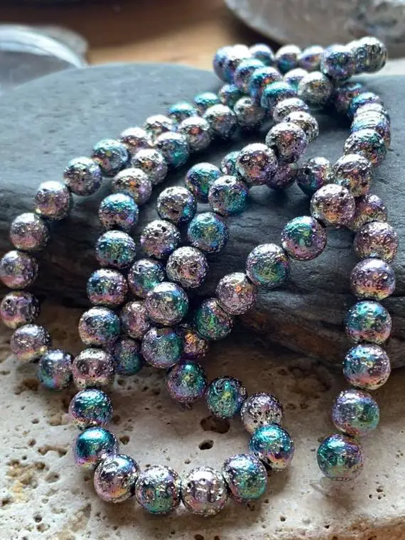 Metallic Lava Rock Beads 8mm - Pale Lilac And Turquoise Tones  Soft Metallics. Unique Beads