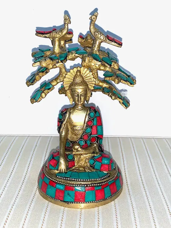 Cyber Monday Sale Peaceful Meditating Buddha Under Bodhi Tree Brass Statue With Red Blue Turquoise Work - Exclusivechristmas