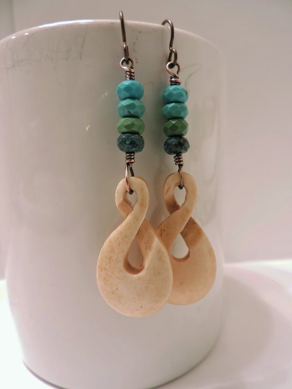 Layered Blue, Green And Brown Chinese Turquoise With Carved Bone Twisted Loops
