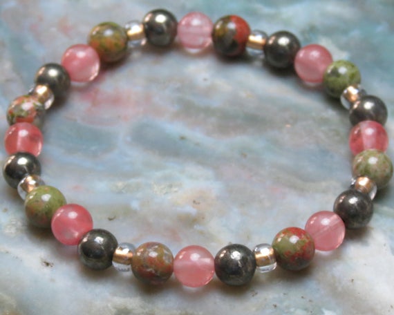 Cherry Quartz, Pyrite & Unakite Healing Stone Bracelet Or Anklet With Positive Healing Energy!