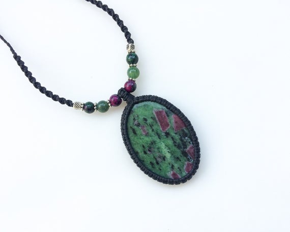 Watermelon Ruby Necklace, Natural Ruby Zoisite Necklace, Adjustable Macrame Necklace, Oval, Ruby Zoisite Pendant Necklace, Watermelon Ruby