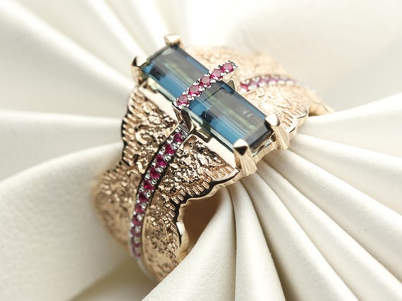 Tourmaline Ring, Watermelon Tourmaline Ring, Baguette Engagement Ring, Baguette Wedding Ring,pink Green Ring,modern Wedding Ring Set,bicolor
