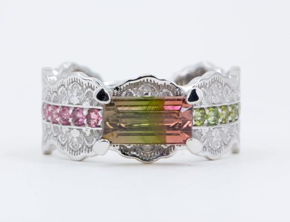 Watermelon Tourmaline Ring, Bicolor Tourmaline Ring, Multi Gemstone Ring, Rose Gold Lace Ring, Watermelon Tourmaline Jewelry