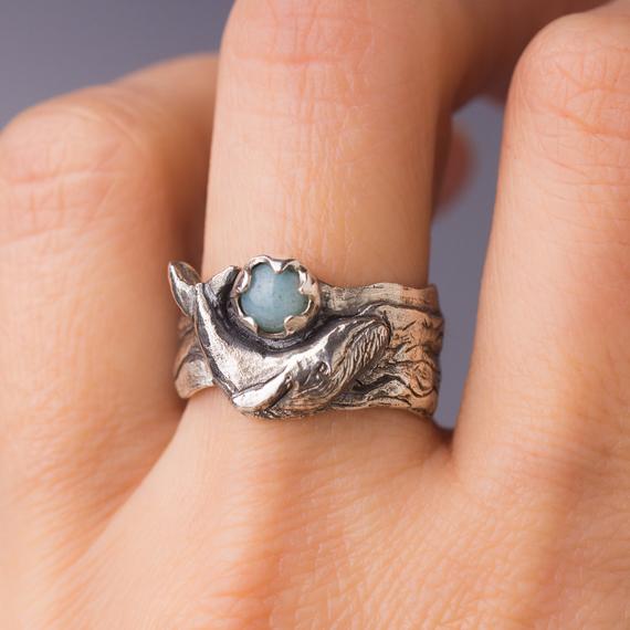 Whale Ring Sterling Silver Amazonite Ring, Sea Animal Ring, Ocean Ring, Humpback Whale, Statement Ocean Jewelry Gift, Nautical Ring