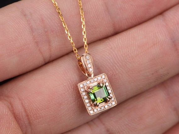 1.15ct Emerald Cut Green Tourmaline Necklace Rose Gold Halo Diamond Necklace Pendant,8 Claw Prong Pendant,wedding,promise Birthday Gifts