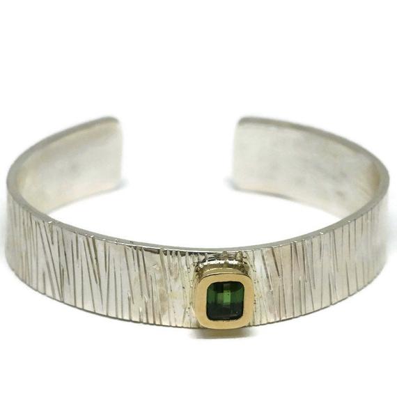 14k Green Tourmaline Bracelet, Silver Bamboo Cuff With Gold Bezel Set Green Gemstone.   Artisan Handmade By Sheri Beryl