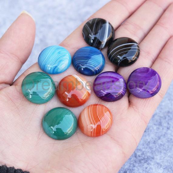 2-50 Pcs Natural Striped Agate Gemstone Round 20mm 25mm Flat Back Dome Cabochon ( No Hole Color Heated )