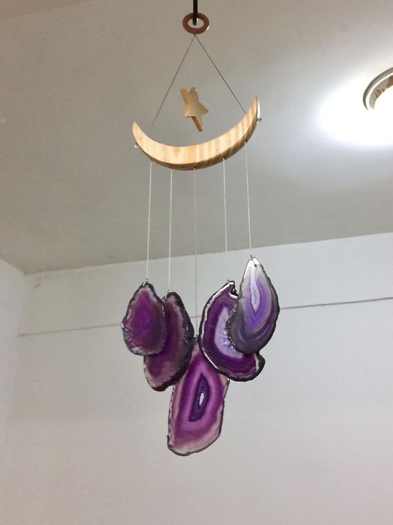 Purple Agate Windchime Suncatcher Agate Slice Wind Chime Star&crescent Wind Chimes Gemstone Crystal Gift Home Window Decoration
