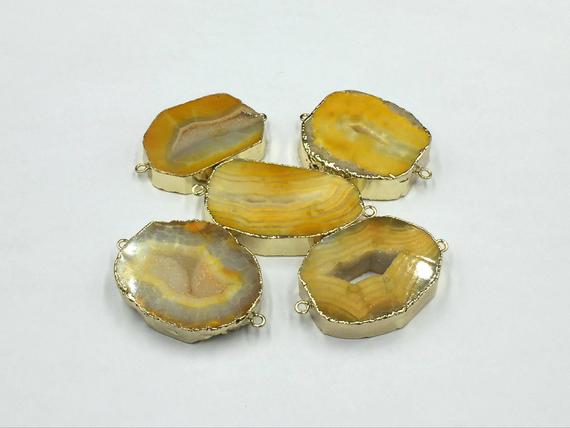 Yellow Agate Geode Connector Gold Agate Slice Connector Double Bail Druzy Agate Gemstone Connector Wholesale Connectors 5pieces