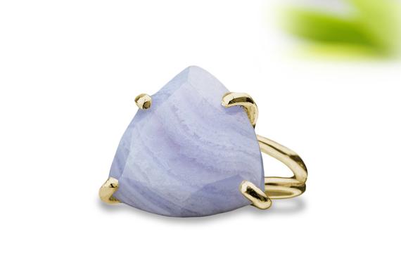 14k Gold Agate Ring · Lace Agate Ring · Blue Agate Ring · Trillion Ring · Semiprecious Ring · 14k Gold Ring · Gemstone Ring