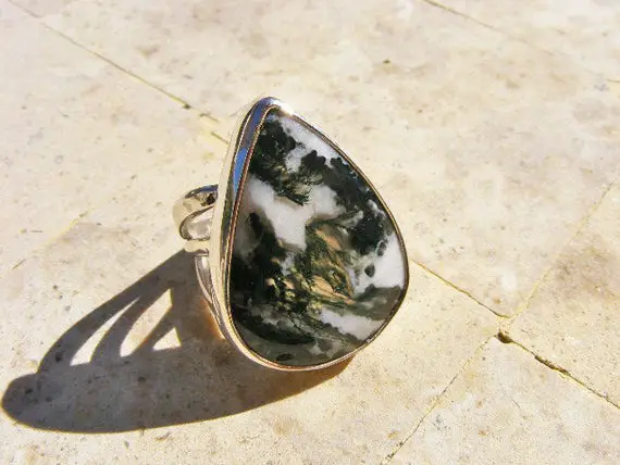 Moss Agate Ring, Size 7 1/4, Wonderful Earthy Colors And Energies, Sterling Silver