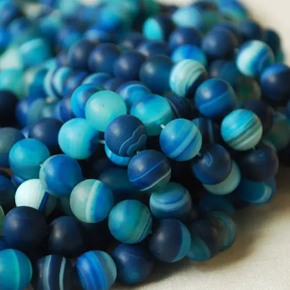 Blue Banded Agate Frosted Matte Round Beads - 4mm, 6mm, 8mm, 10mm Sizes - 15" Strand - Semi-precious Gemstone