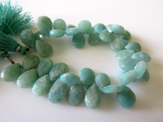 Faceted Blue Green Amazonite Pear Shaped Briolette Beads, Natural Amazonite Gemstone Beads, 14mm To 12mm Beads, 7.5 Inch Strand, Gds722